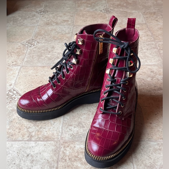 Michael Kors Shoes - Michael Kors Burgundy Croc-Embossed Lace-Up Platform Boots
